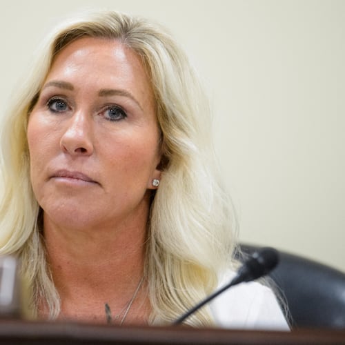 FILE - Rep. Marjorie Taylor-Greene, R-Ga., presides over a House Committee hearing on Capitol Hill, Feb. 12, 2025, in Washington. (AP Photo/Rod Lamkey, Jr., File)