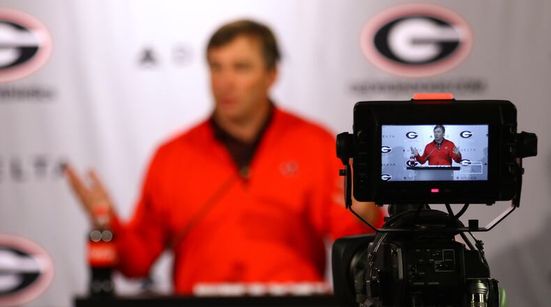 Georgia head coach Kirby Smart speaks to members of the media at a press conference on Monday, Oct., 1, 2018, in Athens.