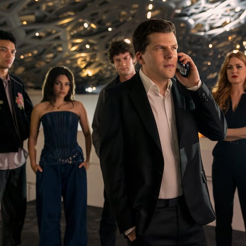 This image released by Lionsgate shows, from left, Justice Smith, Ariana Greenblatt, Dominic Sessa, Jesse Eisenberg, Isla Fisher and Dave Franco in a scene from "Now You See Me: Now You Don't." (Katalin Vermes/Lionsgate via AP)