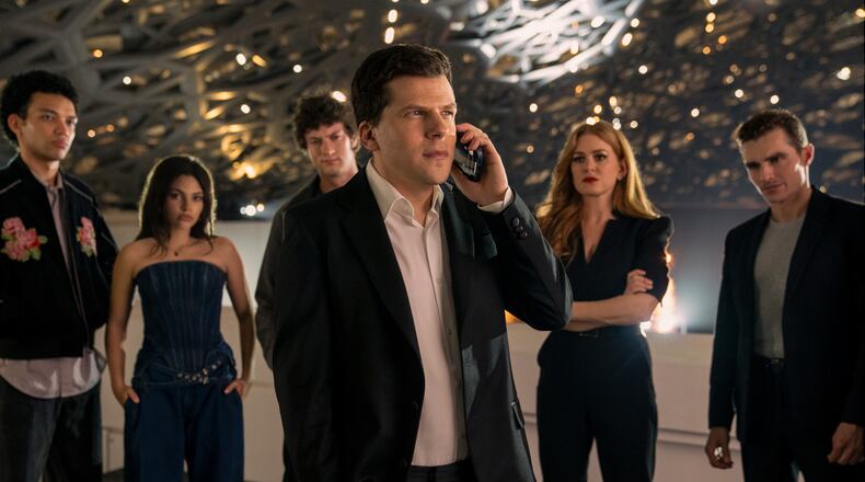 This image released by Lionsgate shows, from left, Justice Smith, Ariana Greenblatt, Dominic Sessa, Jesse Eisenberg, Isla Fisher and Dave Franco in a scene from "Now You See Me: Now You Don't." (Katalin Vermes/Lionsgate via AP)