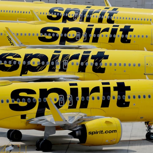 Spirit Airlines planes are grounded at Fort Lauderdale-Hollywood International Airport after flights were cancelled on Saturday, May 2, 2026. (Mike Stocker/South Florida Sun-Sentinel via AP)