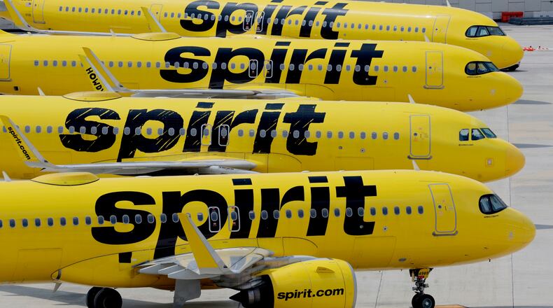 Spirit Airlines planes are grounded at Fort Lauderdale-Hollywood International Airport after flights were cancelled on Saturday, May 2, 2026. (Mike Stocker/South Florida Sun-Sentinel via AP)