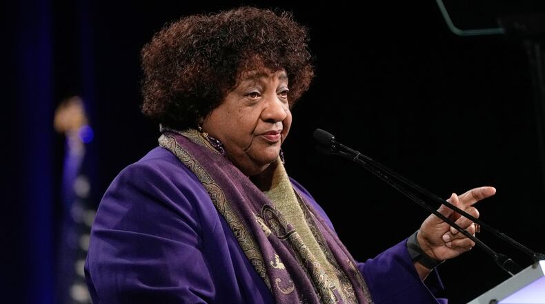 FILE - California Secretary of State Shirley Weber speaks at the 2026 California Democratic Party State Convention in San Francisco, Saturday, Feb. 21, 2026. (AP Photo/Jeff Chiu, File)
