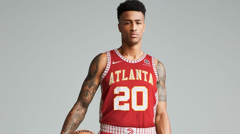 John Collins models the uniform the Hawks will wear Saturday night. (Photo courtesy of the Atlanta Hawks).