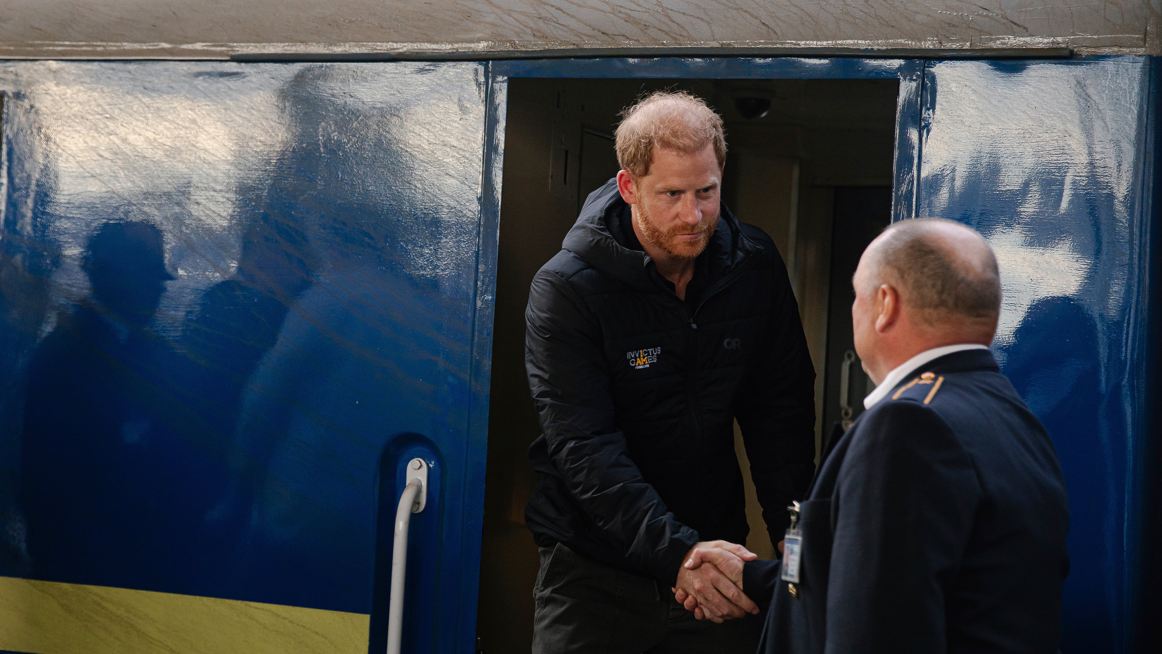 In this photo provided by the Railway of Ukraine Ukrzaliznytsia on Friday, Sept. 12, 2025, Britain's Prince Harry arrives on central railway station in Kyiv region, Ukraine. (Railway of Ukraine Ukrzaliznytsia via AP)