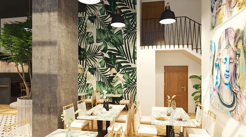 A rendering of the interior of Buena Vida restaurant.