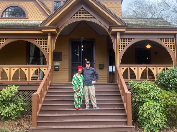 Jim Auchmutey (right), with Wren's Nest Advisory Council member Gwendolyn Napier outside of the historic house museum. “There are many twists and turns to this saga," Auchmutey says, "and they say a lot about how Atlanta and the South have evolved." (Brooke Leigh Howard/AJC 2025)