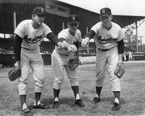 Three players with the minor league Savannah Senators demonstrate how to grip a baseball. The Senators played their 1968 and 1969 seasons in Savannah. (Courtesy of Savannah Municipal Archives)