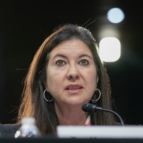 FILE - Adriana Kugler speaks during a Senate Banking, Housing and Urban Affairs Committee hearing to examine her nomination to be a member of the Board of Governors of the Federal Reserve System, June 21, 2023, on Capitol Hill in Washington. (AP Photo/Mariam Zuhaib, File)