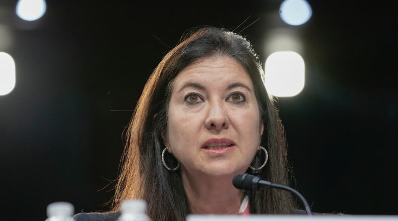 FILE - Adriana Kugler speaks during a Senate Banking, Housing and Urban Affairs Committee hearing to examine her nomination to be a member of the Board of Governors of the Federal Reserve System, June 21, 2023, on Capitol Hill in Washington. (AP Photo/Mariam Zuhaib, File)
