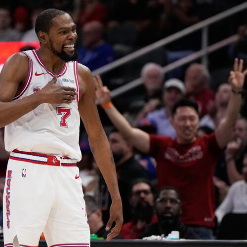 Houston Rockets forward Kevin Durant celebrates after making a 3-pointer during the second half of an NBA basketball game against the New York Knicks in Houston, Tuesday, March 31, 2026. (AP Photo/Ashley Landis)