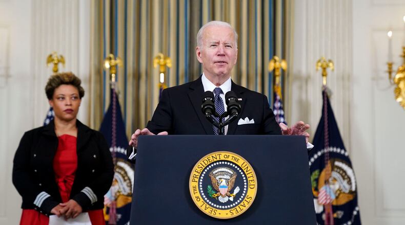 President Joe Biden speaks Monday about his proposed $5.8 trillion budget for fiscal 2023. (Leigh Vogel/The New York Times)