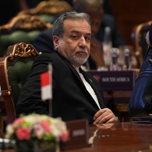 Iranian Foreign Minister Abbas Araghchi participates in the BRICS Foreign Ministers meeting in New Delhi, India, Thursday, May 14, 2026. (AP Photo/Manish Swarup)