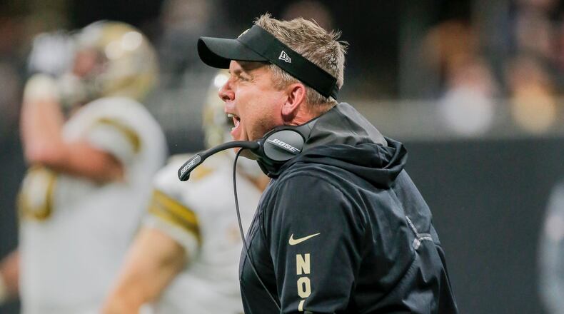New Orleans Saints head coach Sean Payton yells at a referee during the first half of the game Thursday, Dec. 7, 2017, at Mercedes-Benz Stadium in Atlanta.
