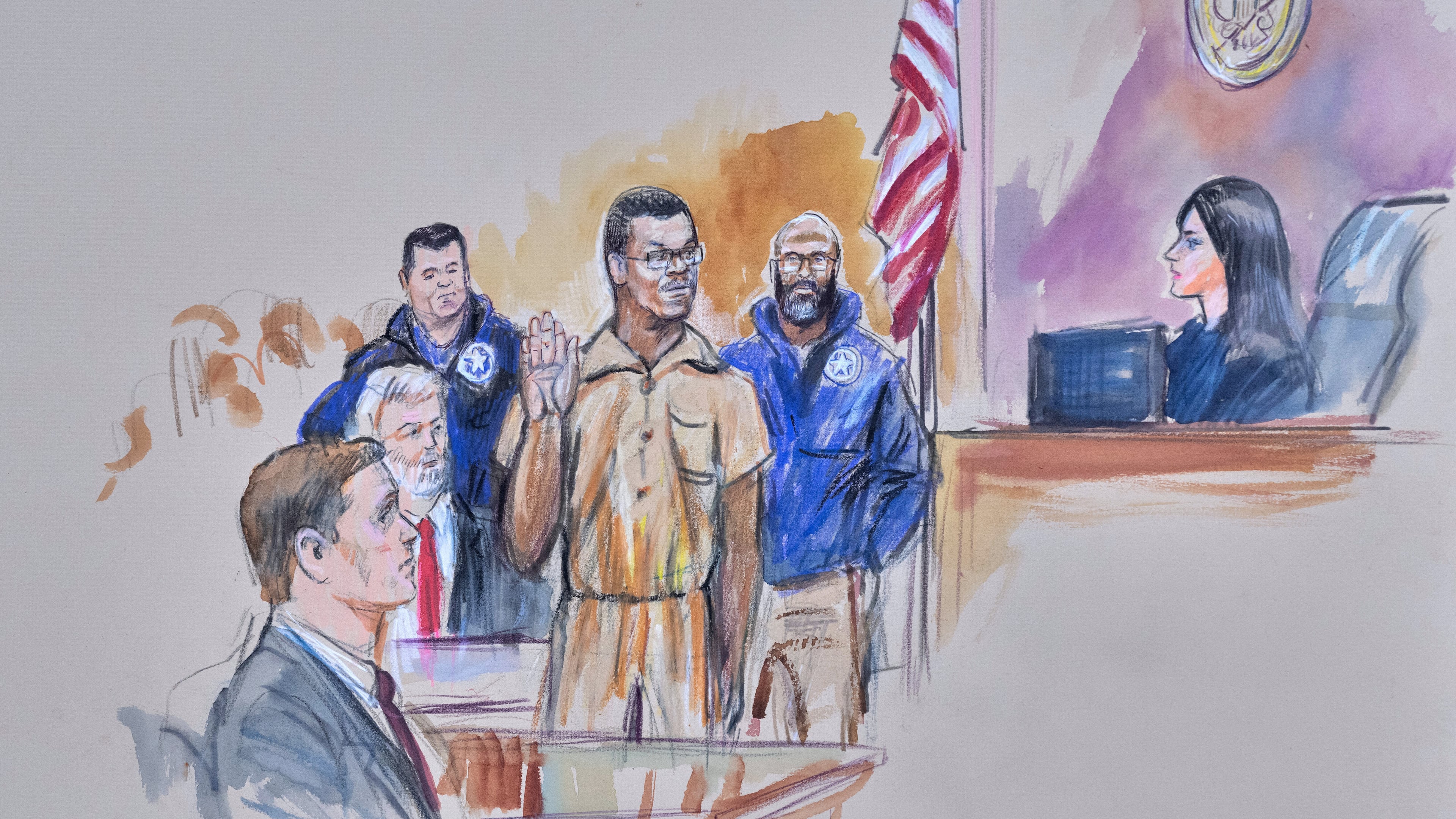 This courtroom sketch depicts Brian Cole Jr., 30, of Woodbridge, Va., the man accused of planting a pair of pipe bombs outside the headquarters of the Republican and Democratic national parties on Jan. 5, 2021, in Washington, being sworn in, Friday, Dec. 5, 2025 before U.S. Magistrate Moxila Upadhyaya, at Federal Court in Washington, as U.S. Attorney Charles Jones, seated left, and Defense Attorney John Shoreman, seated center, look on. (Dana Verkouteren via AP)
