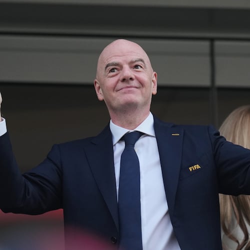 FIFA President Gianni Infantino attends the World Cup Group D soccer match between the United States and Paraguay in Inglewood, Calif., near Los Angeles, Friday, June 12, 2026. (AP Photo/Andre Penner)