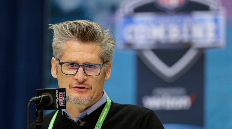 Atlanta Falcons general manager Thomas Dimitroff speaks during a press conference Tuesday, Feb. 25, 2020, at the NFL Scouting Combine in Indianapolis.