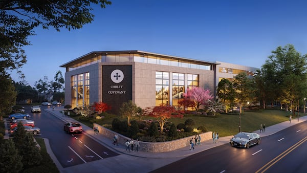 This is a rendering of the planned redevelopment of a Buckhead office building called Piedmont Place into a church sanctuary for Christ Covenant Church. Transwestern represented the church when it bought the office building in 2026. (Courtesy of Transwestern)