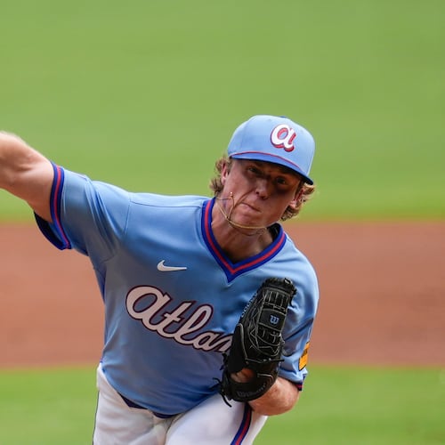 Atlanta Braves pitcher Owen Murphy delivers in the first inning of a baseball game against the Texas Rangers, Saturday, July 18, 2026, in Atlanta. (Mike Stewart/AP)