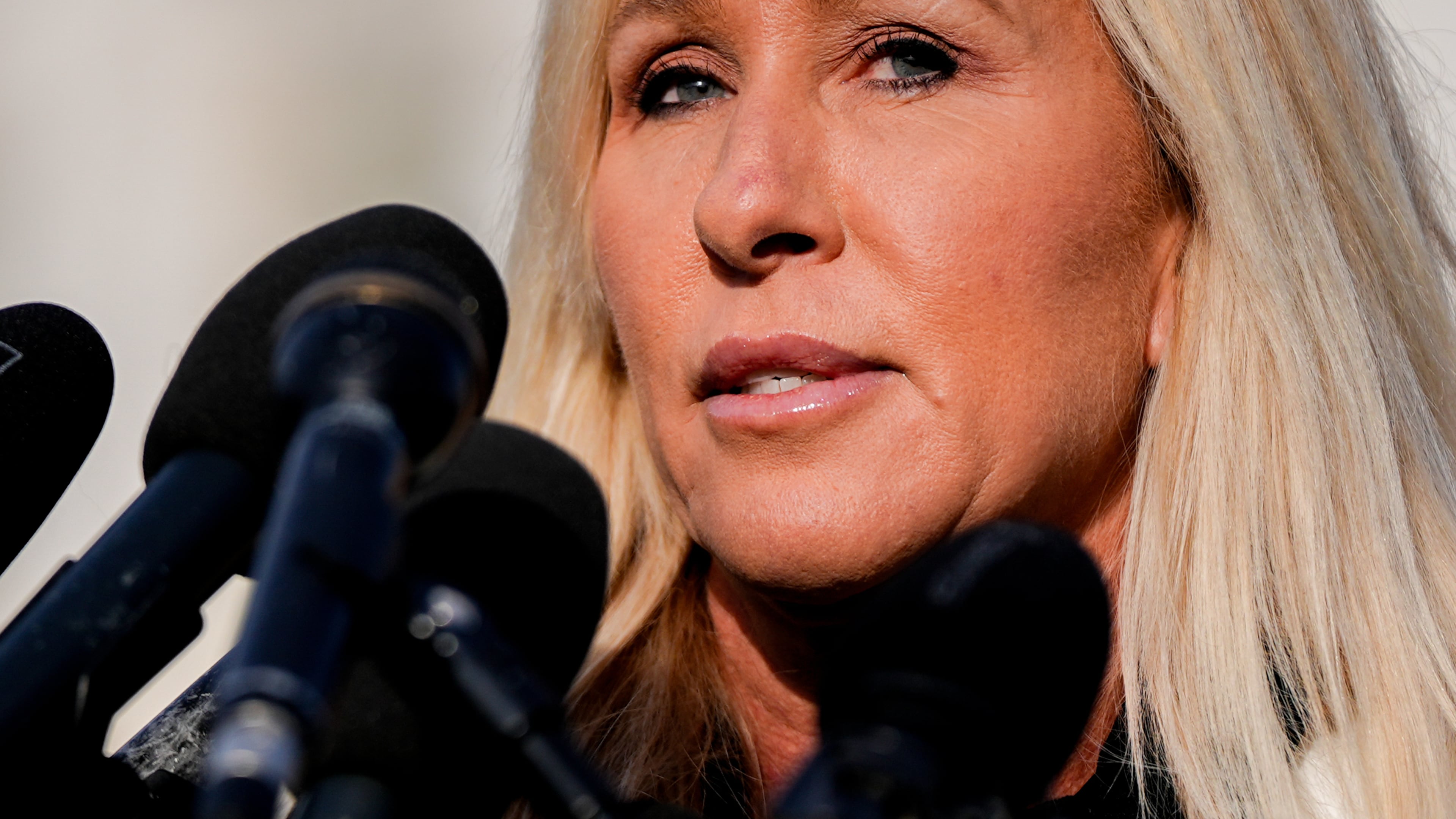 Rep. Marjorie Taylor Greene, R-Ga., speaks during a news conference on the Epstein Files Transparency Act, Tuesday, Nov. 18, 2025, outside the U.S. Capitol in Washington. (AP Photo/Julia Demaree Nikhinson)