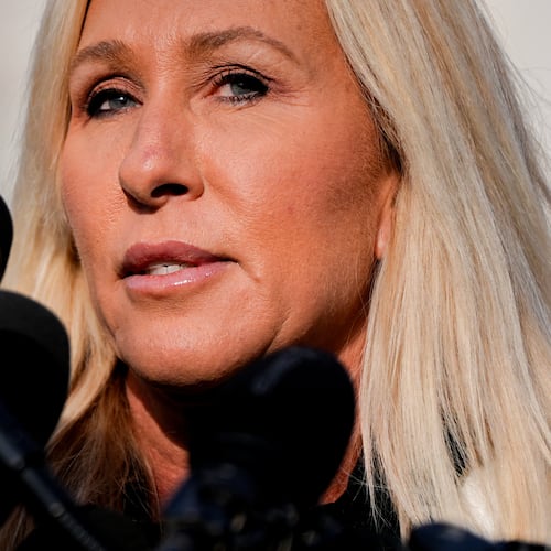 Rep. Marjorie Taylor Greene, R-Ga., speaks during a news conference on the Epstein Files Transparency Act, Tuesday, Nov. 18, 2025, outside the U.S. Capitol in Washington. (AP Photo/Julia Demaree Nikhinson)