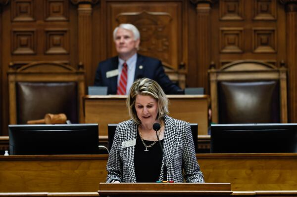 Rep. Jan Jones speaks as Speaker Jon Burns looks on the first day of the Georgia legislative session the Georgia State Capitol on Monday, January 9, 2023.  (Natrice Miller/The Atlanta Journal-Constitution)
