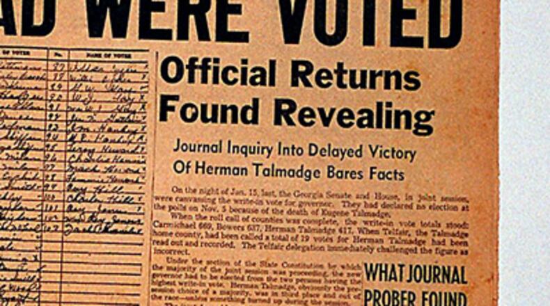 This detail from the Atlanta Journal front page story by George Goodwin shows the top of the main story on voting irregularities in the 1946 governor's race. One telling discovery: 34 citizens appeared at one south Georgia precinct and voted in alphabetical order, starting with the first letter and stopping abruptly at K.