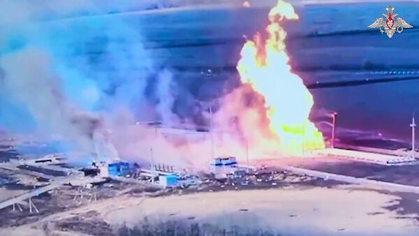 This photo taken from video distributed by Russian Defense Ministry Press Service on Friday, March 28, 2025, shows what it says is a blaze at a gas metering station in Sudzha after a Ukrainian strike in the Kursk region of Russia. (Russian Defense Ministry Press Service via AP)