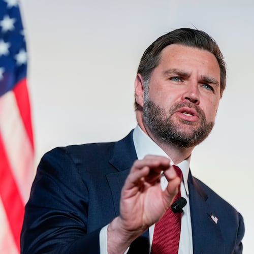 Vice President JD Vance speaks with Breitbart News Washington bureau chief Matthew Boyle at Andrew W. Mellon Auditorium, Thursday, Nov. 20, 2025, in Washington. (AP Photo/Julia Demaree Nikhinson)