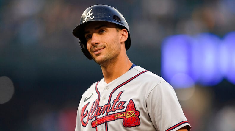 Braves first baseman Matt Olson is trying to find a balance between mechanics and feel to get out of a hitting slump. He has tons of video at his disposal, but he has tried to be careful with that. (AP Photo/Caean Couto)