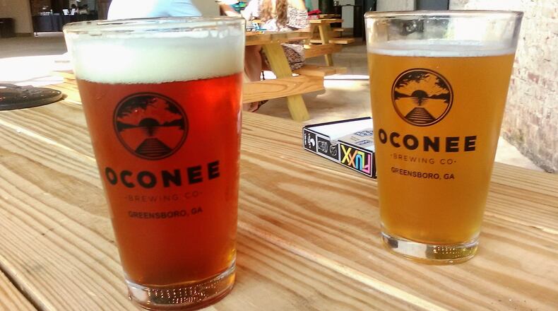 Two of the offerings available from Oconee Brewing Co. in Greensboro, which opened in May: the Lion Lamm IPA and Round Here Kolsch. CONTRIBUTED BY BLAKE GUTHRIE