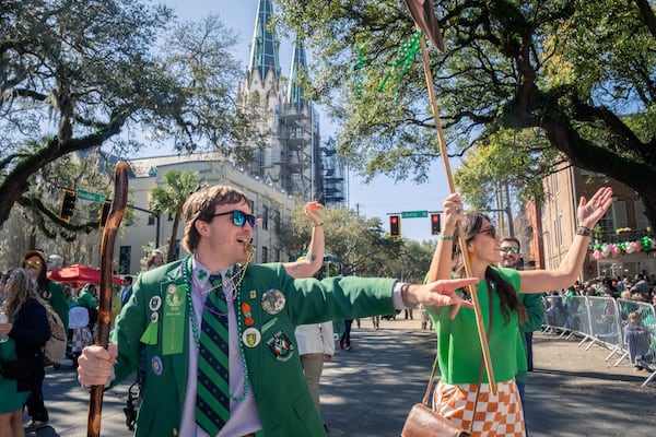 Members of the Hibernian Society of Savannah march in the city's 2025 St. Patrick's Day Parade.