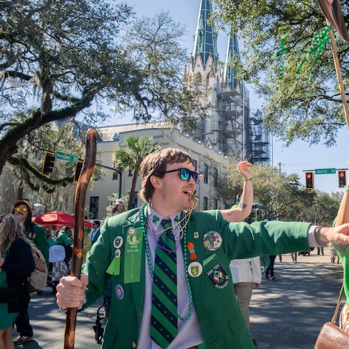 Members of the Hibernian Society of Savannah march in the annual Savannah St. Patrick’s Day Parade on March 17, 2025. The first such parade in this Georgia city was in 1824. (Justin Taylor for the AJC)
