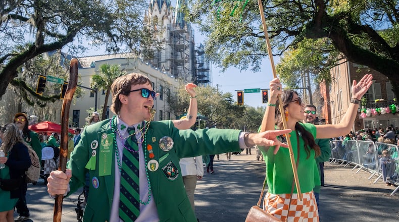 Members of the Hibernian Society of Savannah march in the annual Savannah St. Patrick’s Day Parade on March 17, 2025. The first such parade in this Georgia city was in 1824. (Justin Taylor for the AJC)