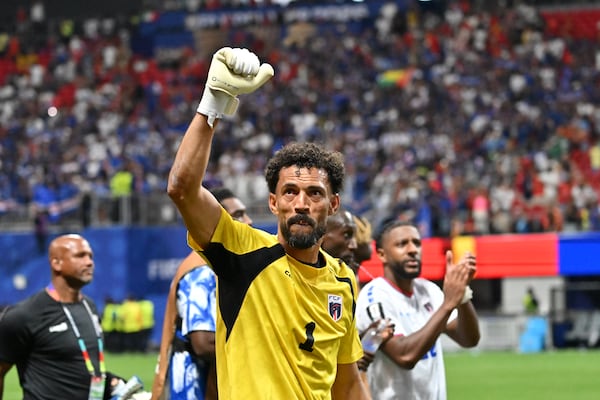 Cape Verde goalkeeper Vozinha (center) celebrates a 0-0 draw against Spain at Atlanta Stadium on Monday, June 15, 2026. (Hyosub Shin/AJC)