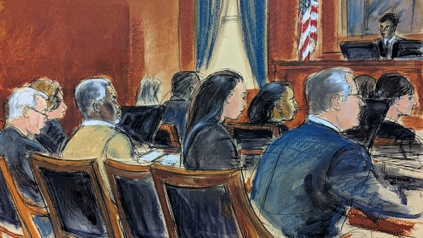 In this courtroom sketch, flanked by defense attorneys Brian Steel, left, and Teny Garagos, Sean "Diddy" Combs, second from left, listens as Judge Arun Subramanian speaks during Combs' bail hearing, Wednesday, July 2, 2025, in Manhattan federal court in New York. (Elizabeth Williams via AP)