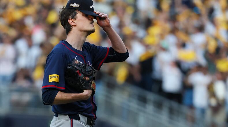 Atlanta Braves pitcher Max Fried reacts after a home run by San Diego Padres catcher Kyle Higashioka during the second inning of National League Division Series Wild Card Game Two at Petco Park in San Diego on Wednesday, Oct. 2, 2024.   (Jason Getz / Jason.Getz@ajc.com)