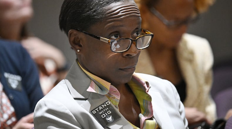 Inspector General Shannon Manigault sits among other attendees during the first meeting of a task force established to review the inspector general's authority at Atlanta City Hall, Tuesday, September 24, 2024, in Atlanta.  (Hyosub Shin / AJC)