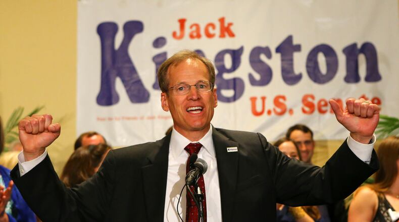 Jack Kingston. CURTIS COMPTON / CCOMPTON@AJC.COM Republican U.S. Senate candidate Jack Kingston pumps his fists after finding out he is in a runoff with David Perdue at his election night party. Curtis Compton, ccompton@ajc.com