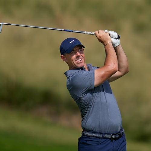 Rory McIlroy of Northern Ireland watches after playing second shot on the 7th hole during the final round of Abu Dhabi Golf Championship in Abu Dhabi, United Arab Emirates, Sunday, Nov. 9, 2025. (AP Photo/Altaf Qadri)