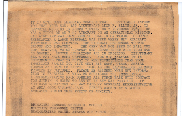 The U.S. military sent Lee Ellis' family this telegram after his jet crashed in Vietnam in 1967.