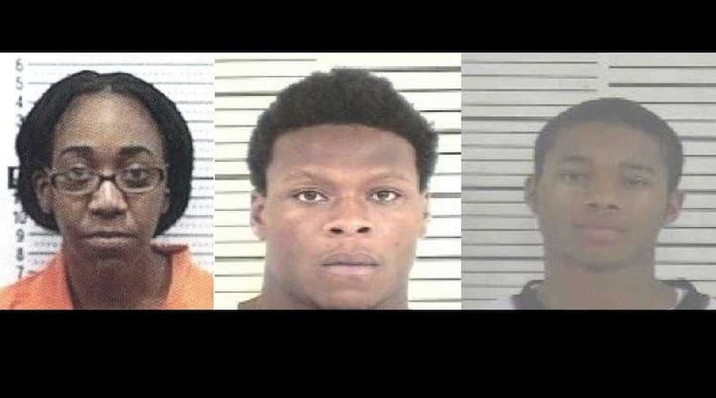 Left to right: Ashley Chavon Roberts, Levy Lewis Jenkins and Jeremy Lance Lewis have each been charged with one count of hindering apprehension or punishment of a criminal and one count of murder in Carothers’ death. (Credit: Long County Sheriff's Office)