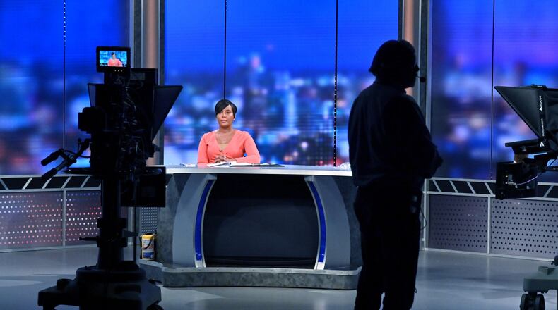 Mayor Keisha Lance Bottoms waits for cue during a town hall meeting to discuss the growing coronavirus pandemic that aired live on WSB-TV Channel 2, CBS46, Georgia Public Broadcasting, 11 Alive, FOX 5 Atlanta and Univision 34 Atlanta at WSB-TV Channel 2 on Thursday night, March 26, 2020. (Hyosub Shin / Hyosub.Shin@ajc.com)
