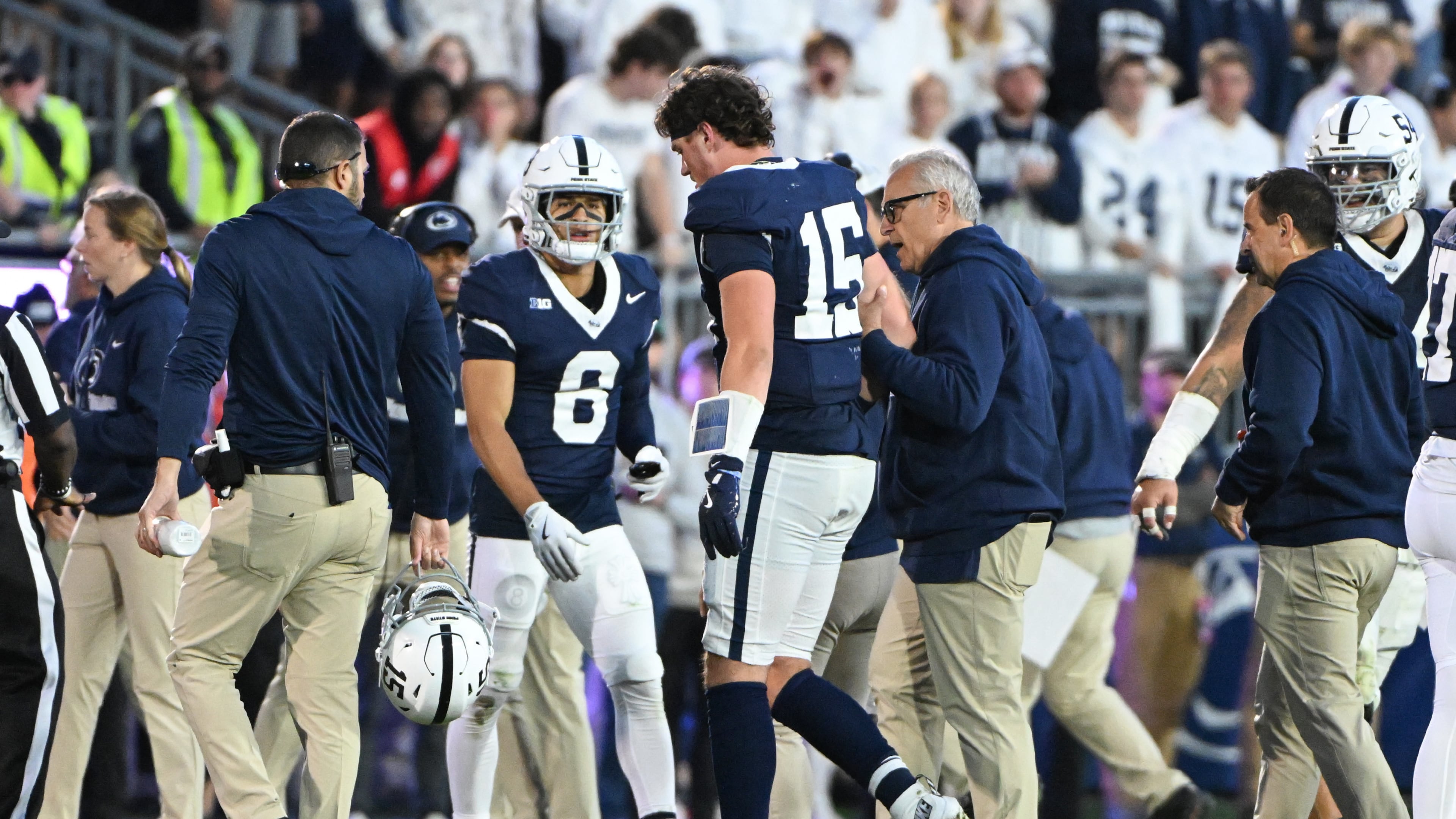 Penn State quarterback Drew Allar (15) walks off the field injured during the fourth quarter of an NCAA college football game against Northwestern, Saturday, Oct. 11, 2025, in State College, Pa. (AP Photo/Barry Reeger)