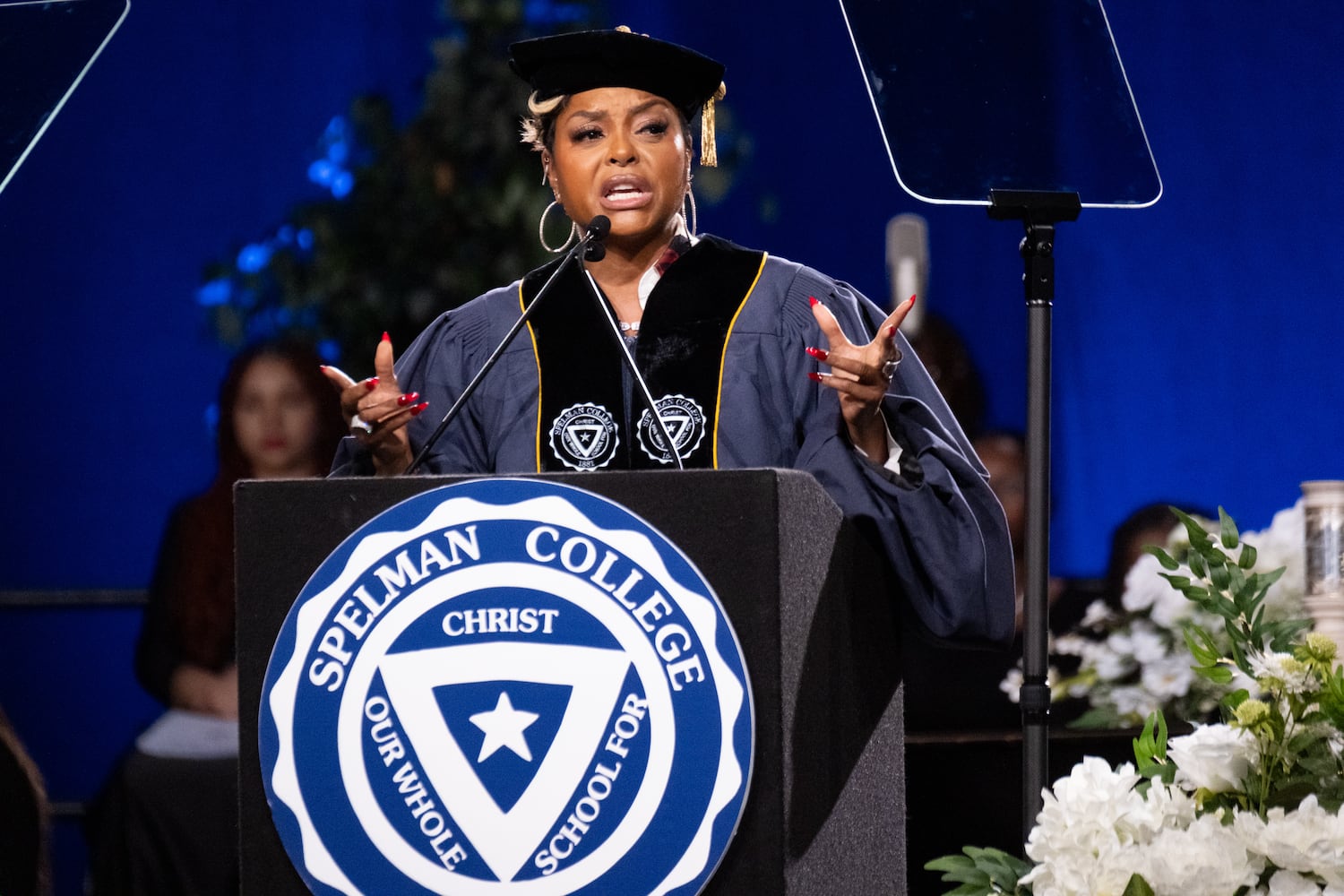 Actress Taraji P. Henson gives the commencement address during the Spelman College graduation ceremony at the Georgia International Convention Center in College Park on Sunday, May 18, 2025.   Ben Gray for the Atlanta Journal-Constitution