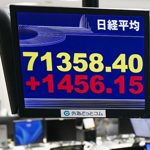 Electronic boards show Japan's benchmark Nikkei 225 index in Tokyo Thursday, June 18, 2026. (Kyodo News via AP)