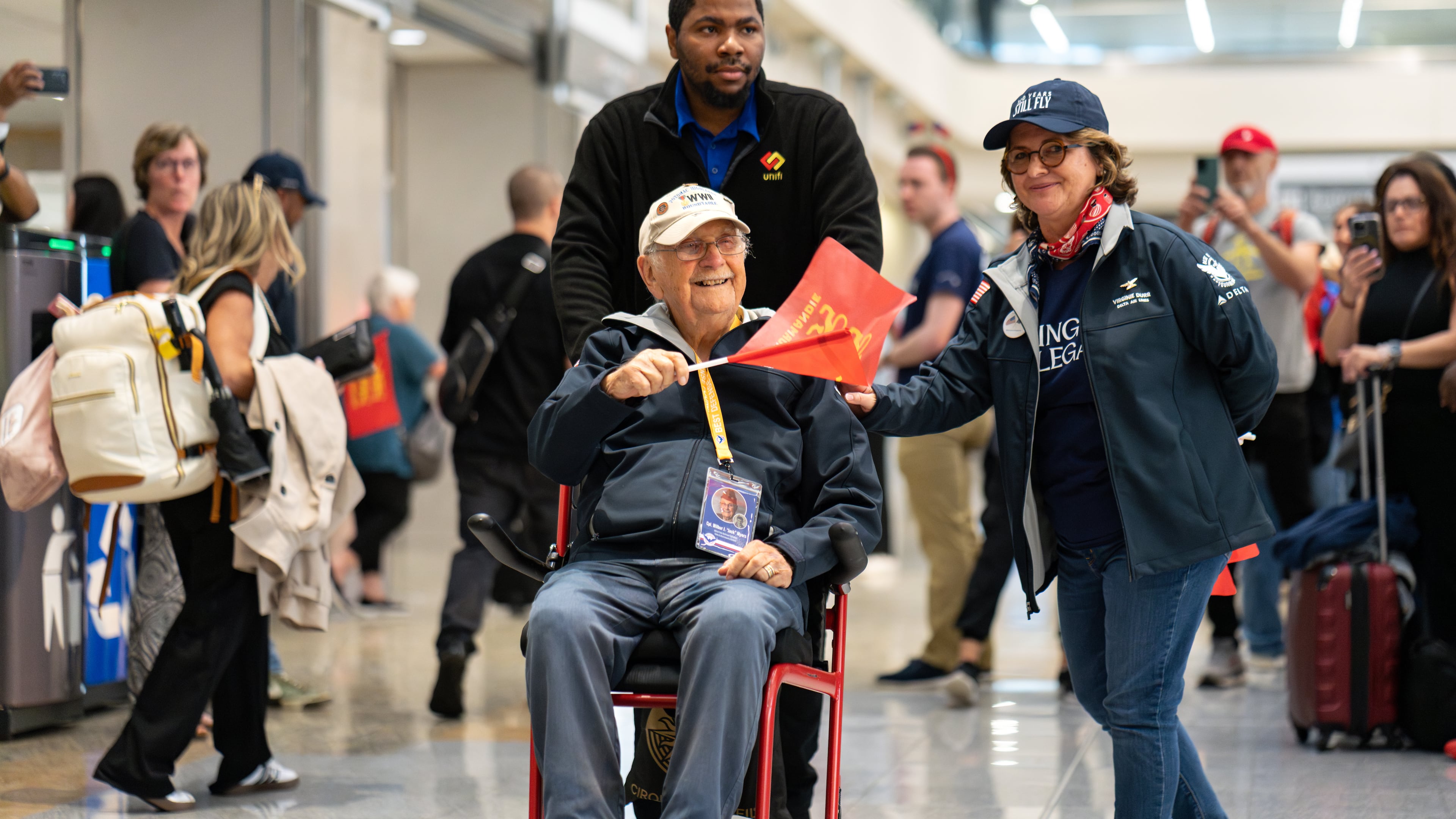 World War Two veterans arrive at Hartsfield-Jackson International airport for the Normandy Legacy Flight to Normandy, France on the 81st anniversary of the D-Day invasion. Saturday, May 31, 2025 (Ben Hendren for the Atlanta Journal-Constitution)