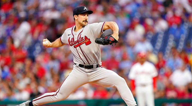 Pitcher Spencer Strider was named National League Rookie of the Month for July. (AP Photo/Matt Slocum)