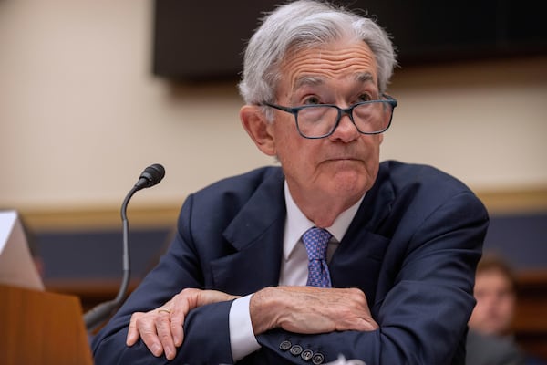 Federal Reserve Board Chairman Jerome Powell listens during a hearing of the House Committee on Financial Services on Capitol Hill, Tuesday, June 24, 2025, in Washington. (AP Photo/Mark Schiefelbein)
