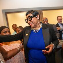Lorraine Cochran-Johnson is the incoming chief executive of DeKalb County. On June 18, she celebrates with her supporters at Hotel Spice & Sky Atlanta Perimeter in Chamblee. (Jenni Girtman for The Atlanta Journal-Constitution)